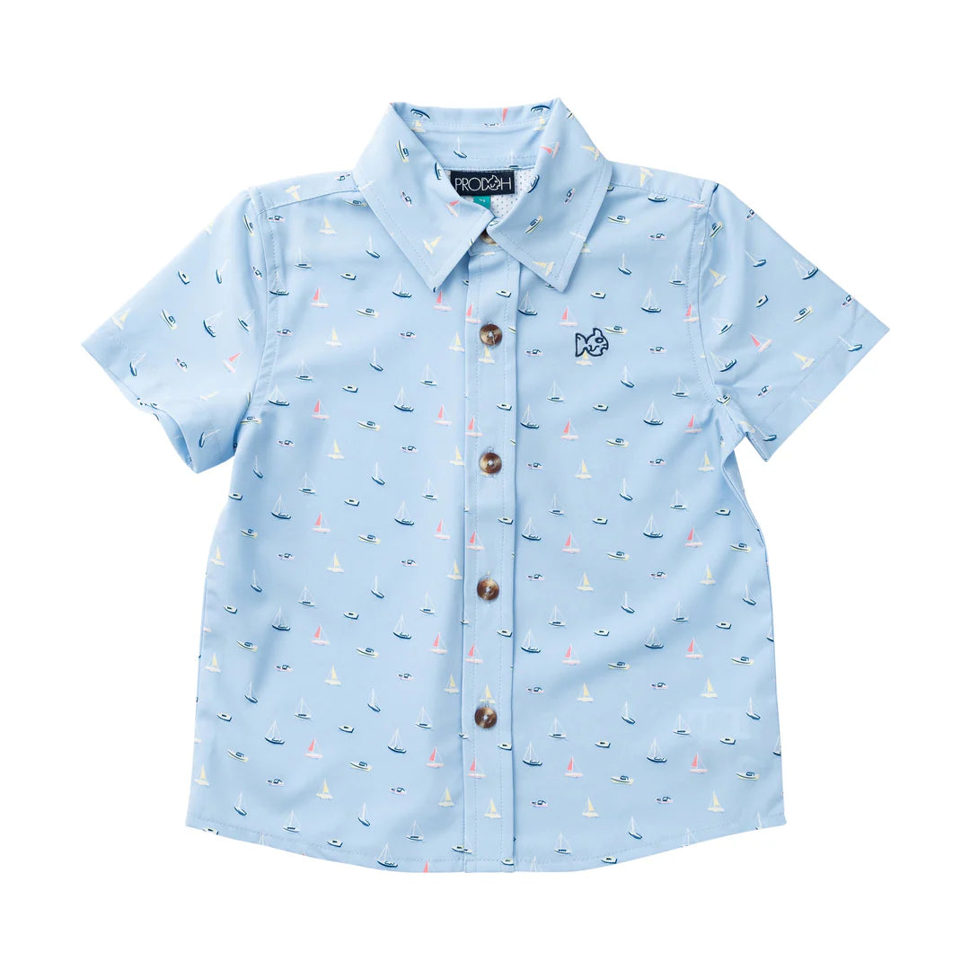 Prodoh Boys Short Sleeve Button Down Shirt--Windsurfer Boats In The Bay Print