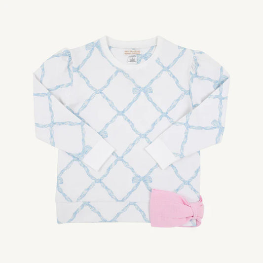 Beaufort Bonnet Puff Sleeve Cassidy Comfy Crewneck Belle Meade Bow (Buckhead Blue) with Pier Party Pink Bow