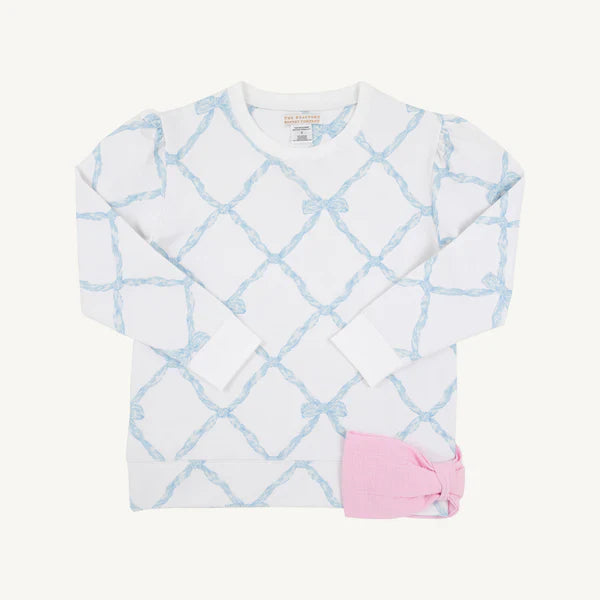 Beaufort Bonnet Puff Sleeve Cassidy Comfy Crewneck Belle Meade Bow (Buckhead Blue) with Pier Party Pink Bow