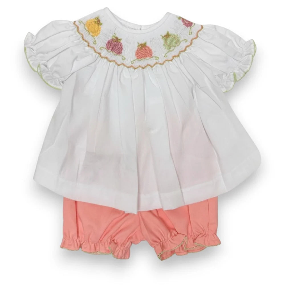 Lulu Bebe Emma Pumpkin Smocked White Top (Bishop Style) Bloomer Set