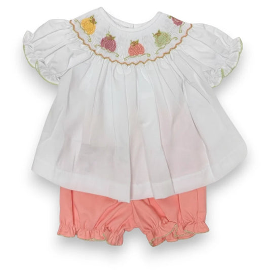 Lulu Bebe Emma Pumpkin Smocked White Top (Bishop Style) Bloomer Set