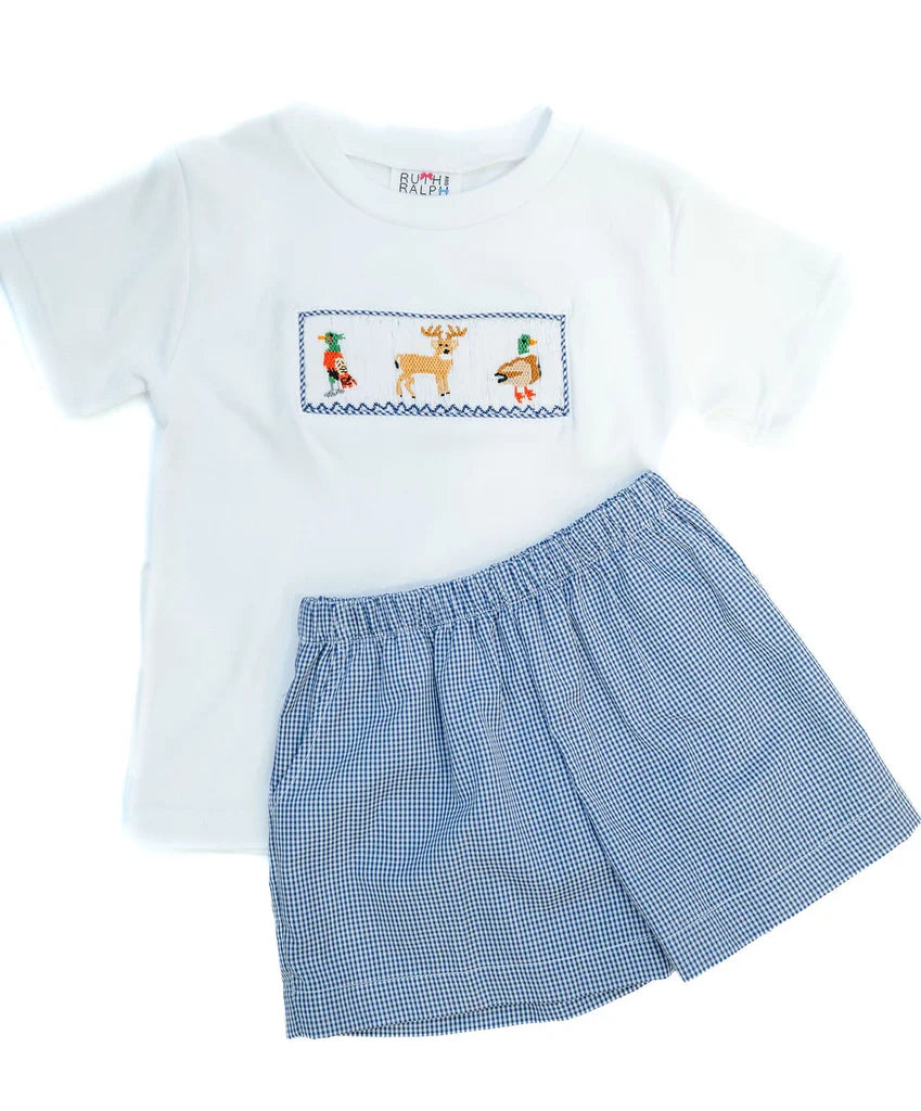Ruth and Ralph Smocked Hunting Season Beau T-Shirt and Shorts Set