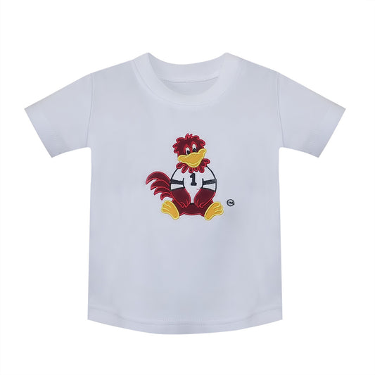 Southern Saturday Remember Nguyen White Knit Shirt with Garnet/Black Applique Cocky USC