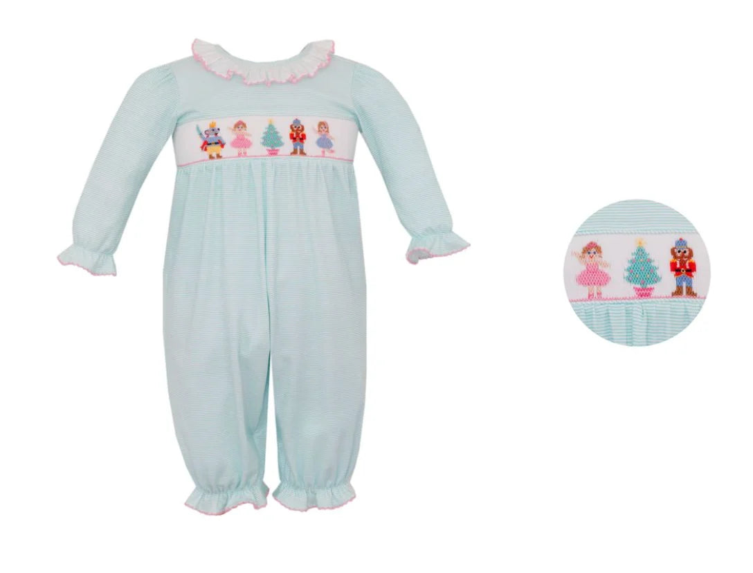 Petit Bebe Smocked Nutcracker Aqua Knit Striped Long Footie