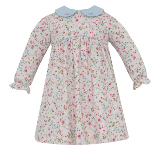 Petit Bebe Pink Floral Knit Dress with Light Blue Collar