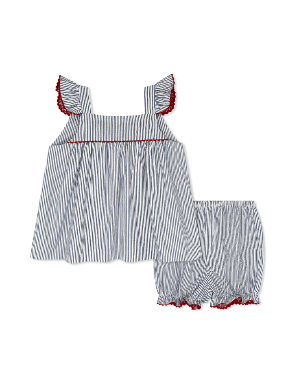 Lullaby Set Sally Swing Set--River Royal Seersucker with Red Ric Rac