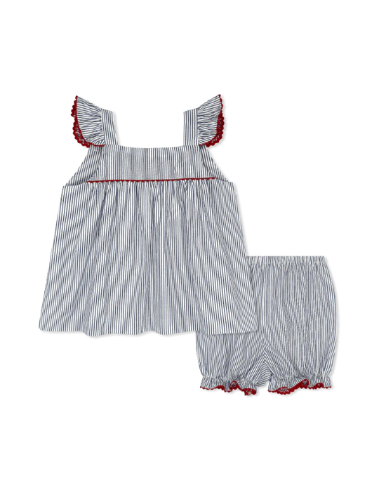 Lullaby Set Sally Swing Set--River Royal Seersucker with Red Ric Rac