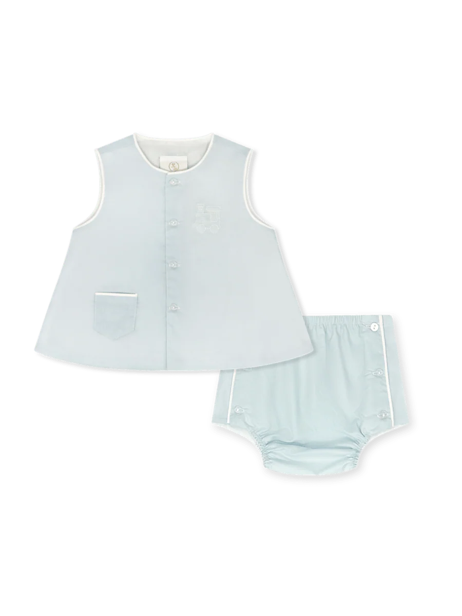 Lullaby Set Mason Diaper Set-Blessing Blue with Train Embroidery