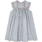 Lullaby Set Frances Flap Dress - River Royal Seersucker with Red Ric Rac