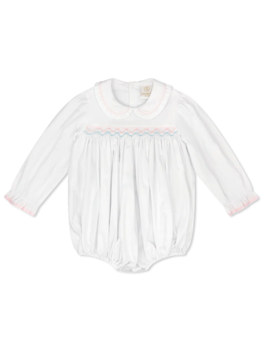 Lullaby Set Michelle Bubble--White Pique, Pink/Blue Smocking
