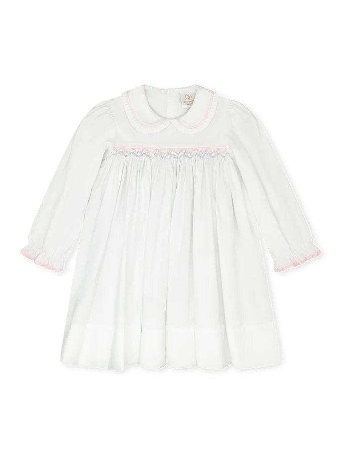 Lullaby Set Michelle Dress--White Pique, Pink/Blue Smocking