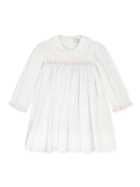 Lullaby Set Michelle Dress--White Pique, Pink/Blue Smocking