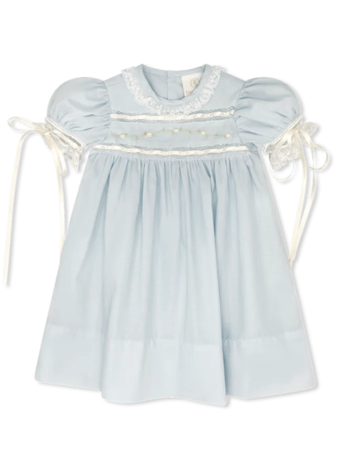 Lullaby Set Tiny Town Dress-Blessings Blue Batiste with White Lace and Floral Embroidery