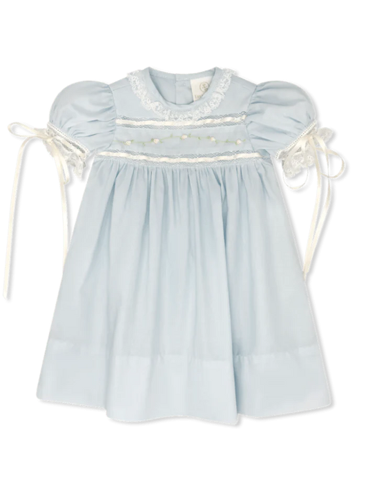Lullaby Set Tiny Town Dress-Blessings Blue Batiste with White Lace and Floral Embroidery