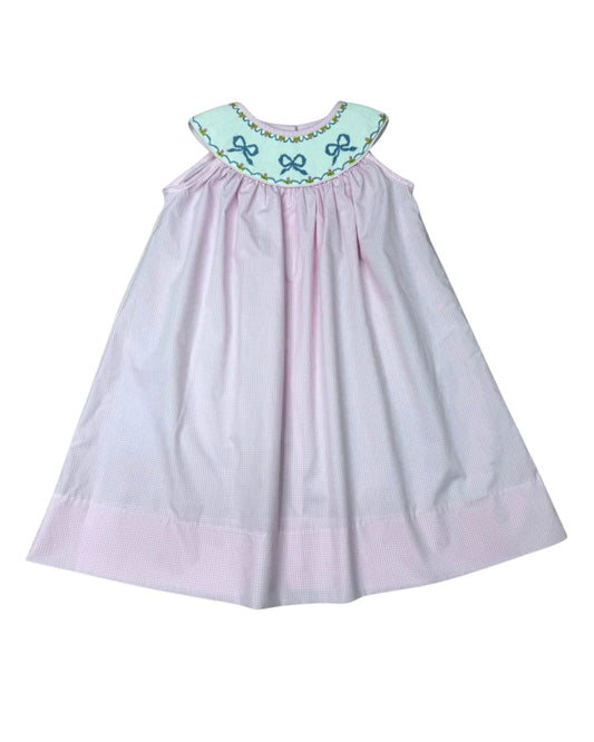 Delaney Girls Pink Check Sleeveless Yoke Smocked Bow Dress