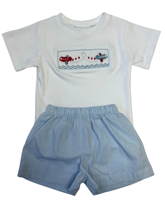 LuLu BeBe Tom Boys Valentine Airplane Smocked Short Set