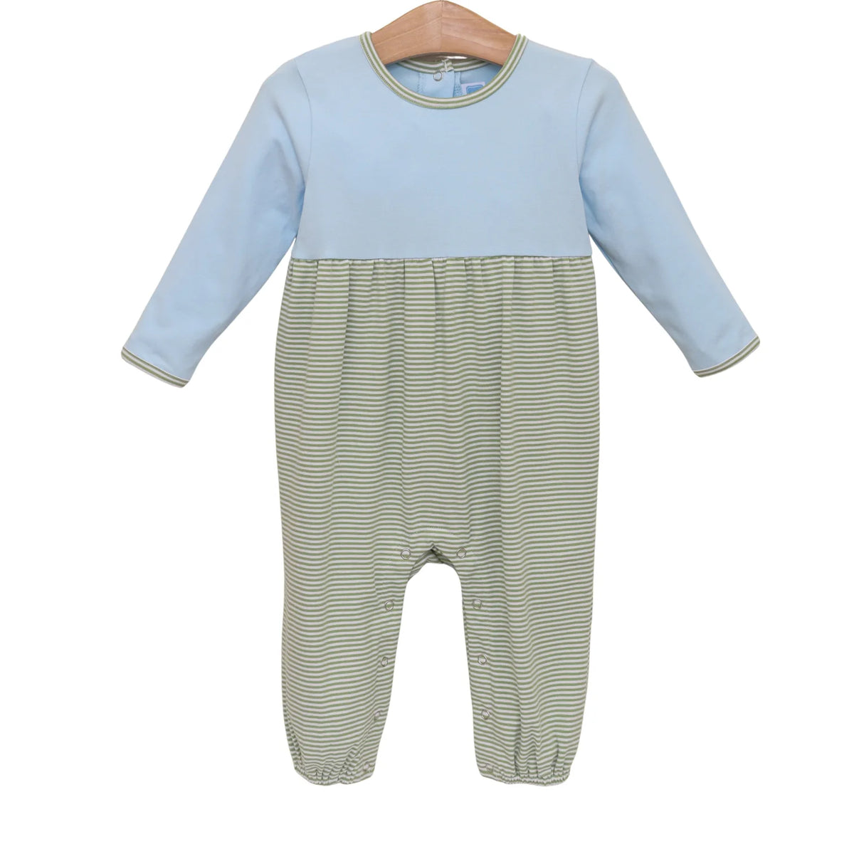 Trotter Street Preston Romper--Green Stripe/Light Blue