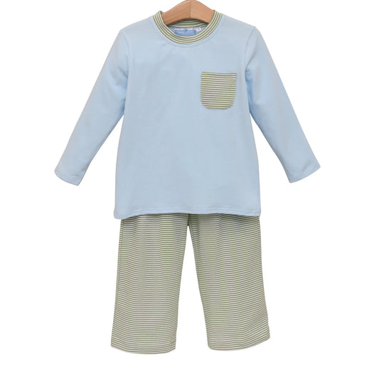 Trotter Street Preston Pant Set--Green Stripe/Light Blue