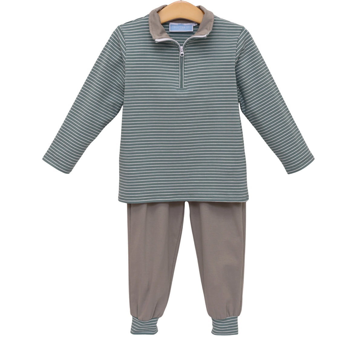 Trotter Street Tucker Pullover Set-Sage Stripe/Beige