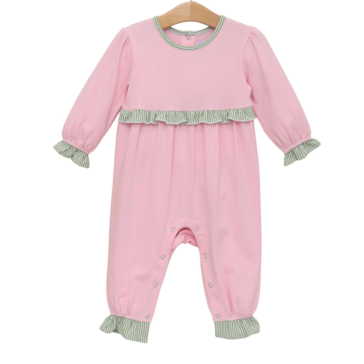 Trotter Street Mila Romper--Green Stripe/Light Pink
