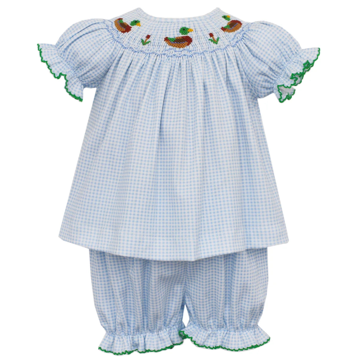 Petit Bebe Mallard Duck Girl's Blue Check  Bishop Bloomer Set