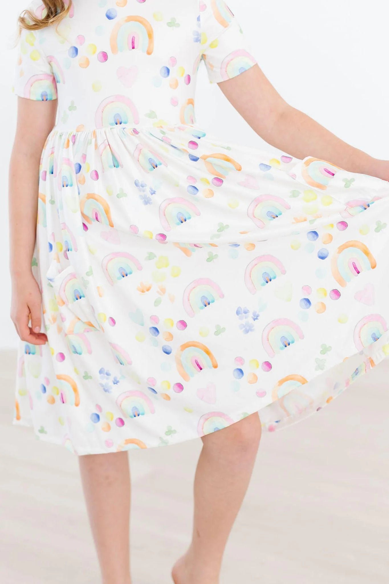 Mila and Rose Watercolor Rainbows Short Sleeve Pocket Twirl Dress