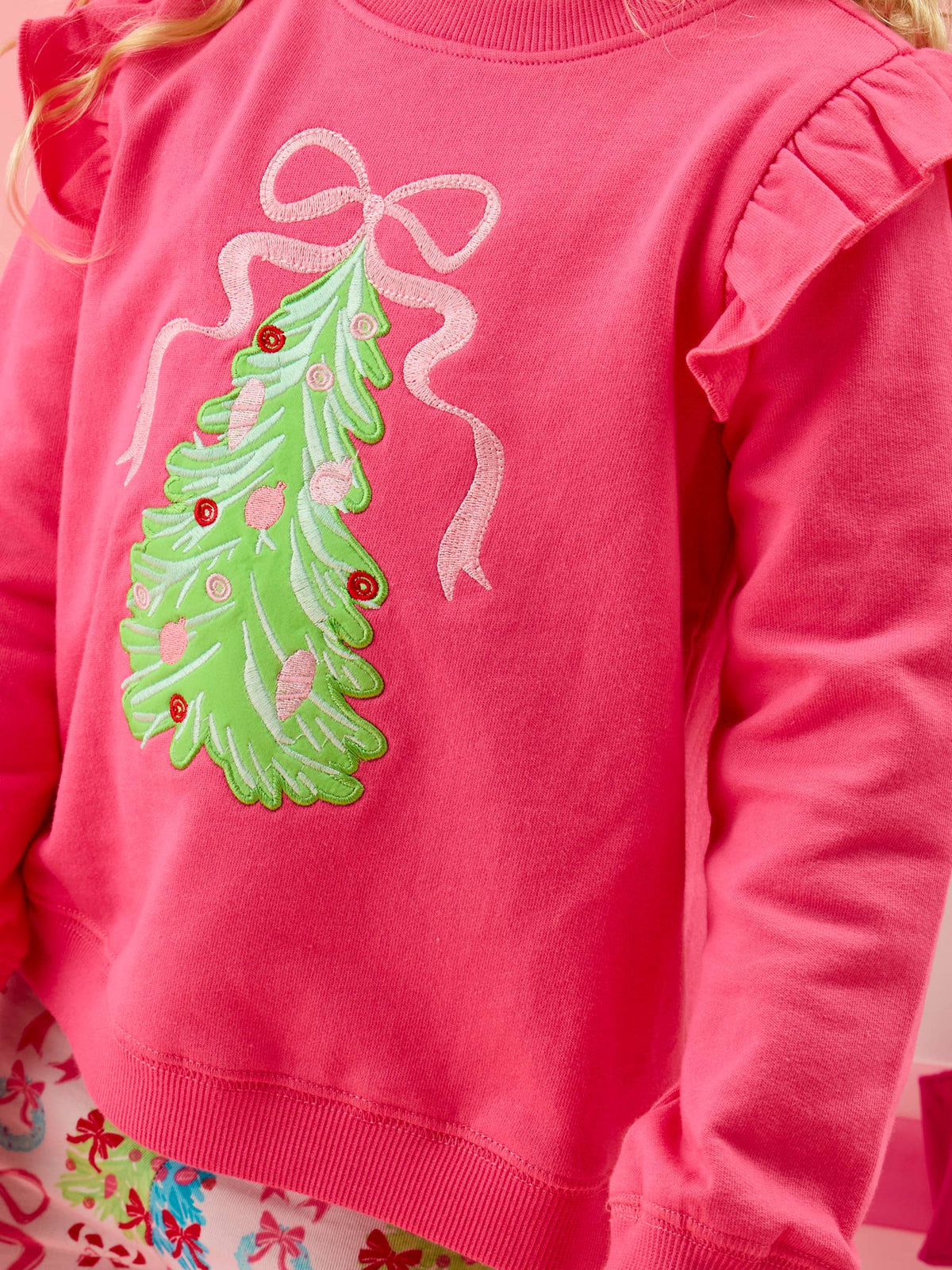 Rufflebutts Christmas Tree Hot Pink Bow Applique Flutter Sweatshirt/Flare Pant Set