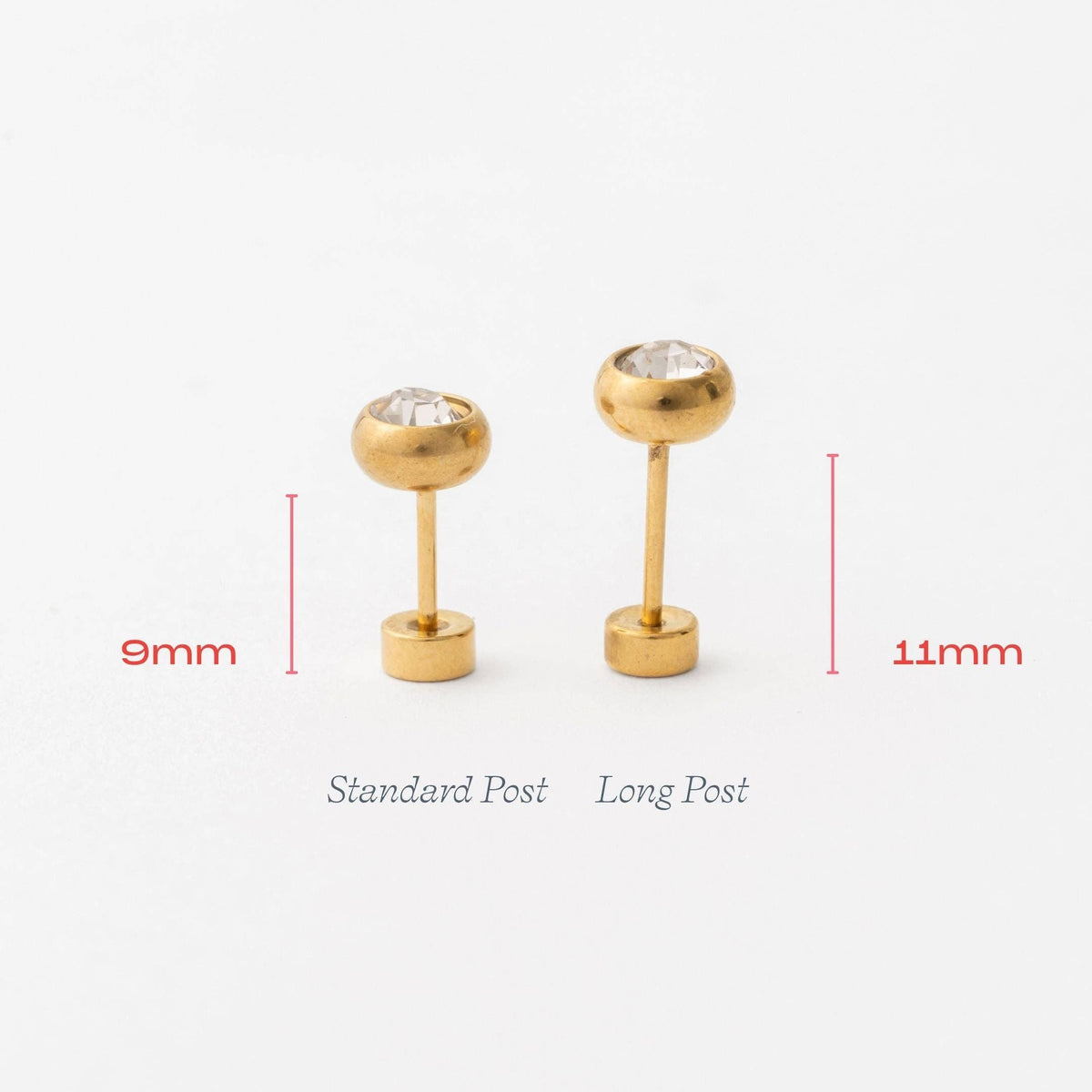 Pip Pop Post Round Diamond Long Post Stud - Hypoallergenic, Flat Back