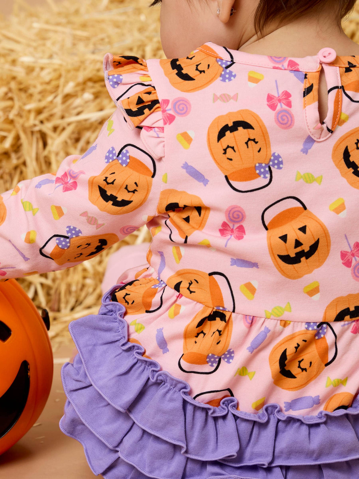 Rufflebutts Pumpkin Boo Crew Knit Long Sleeve Flutter Bubble Romper