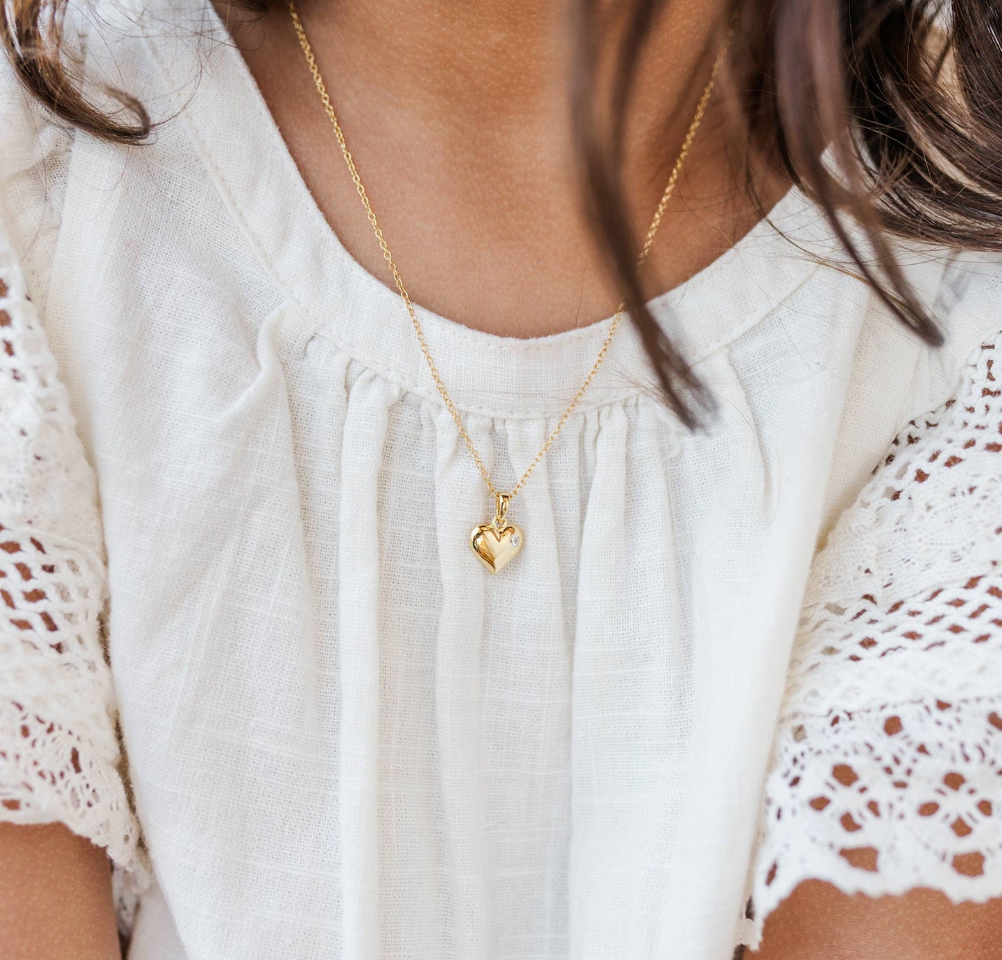 Girls 14K Gold-Plated Puff Heart Charm Necklace