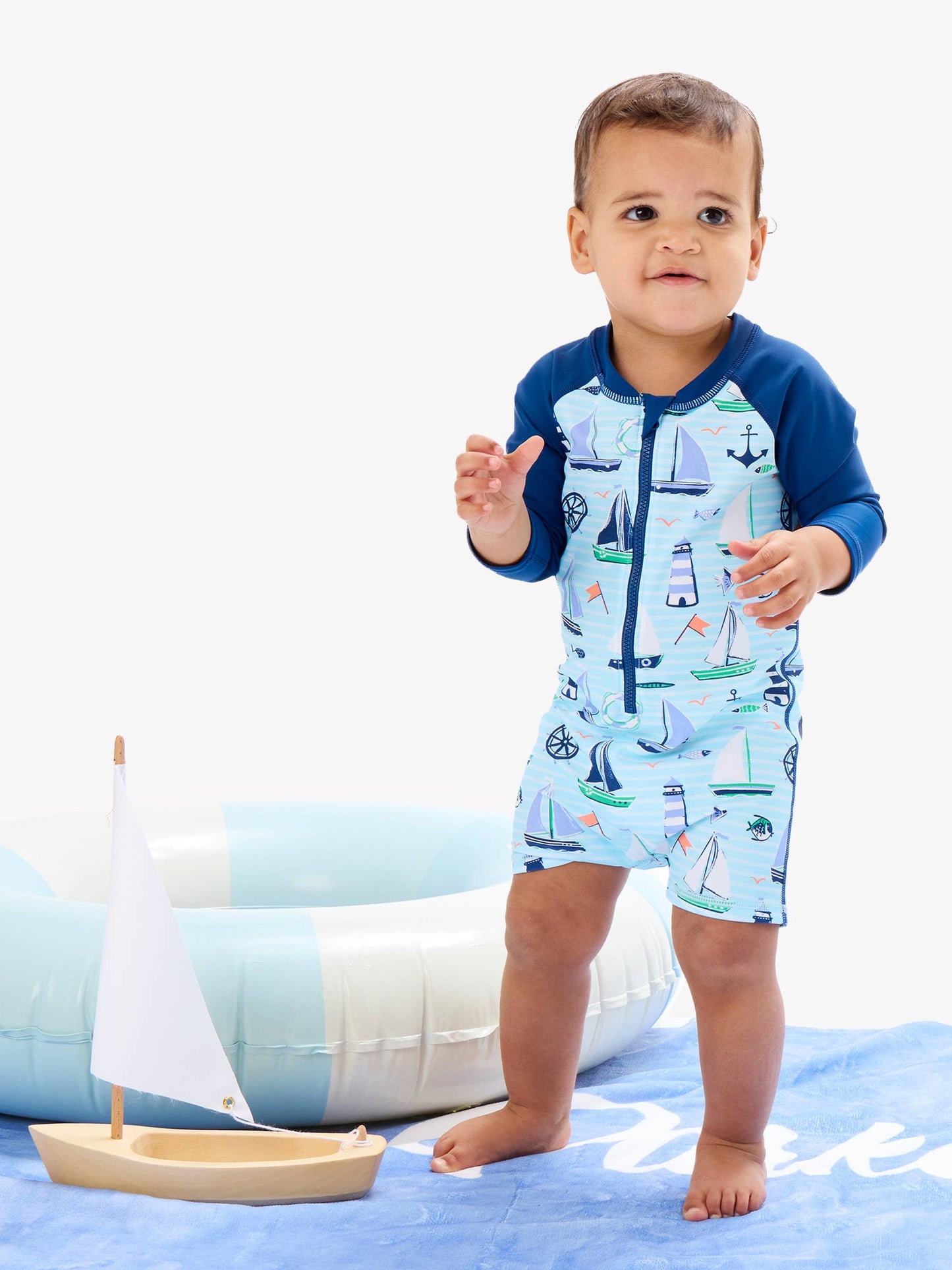 Rufflebutts RuggedButts Baby Boys Blue Sweet Sails Long Sleeve One Piece Rash Guard Swimsuit