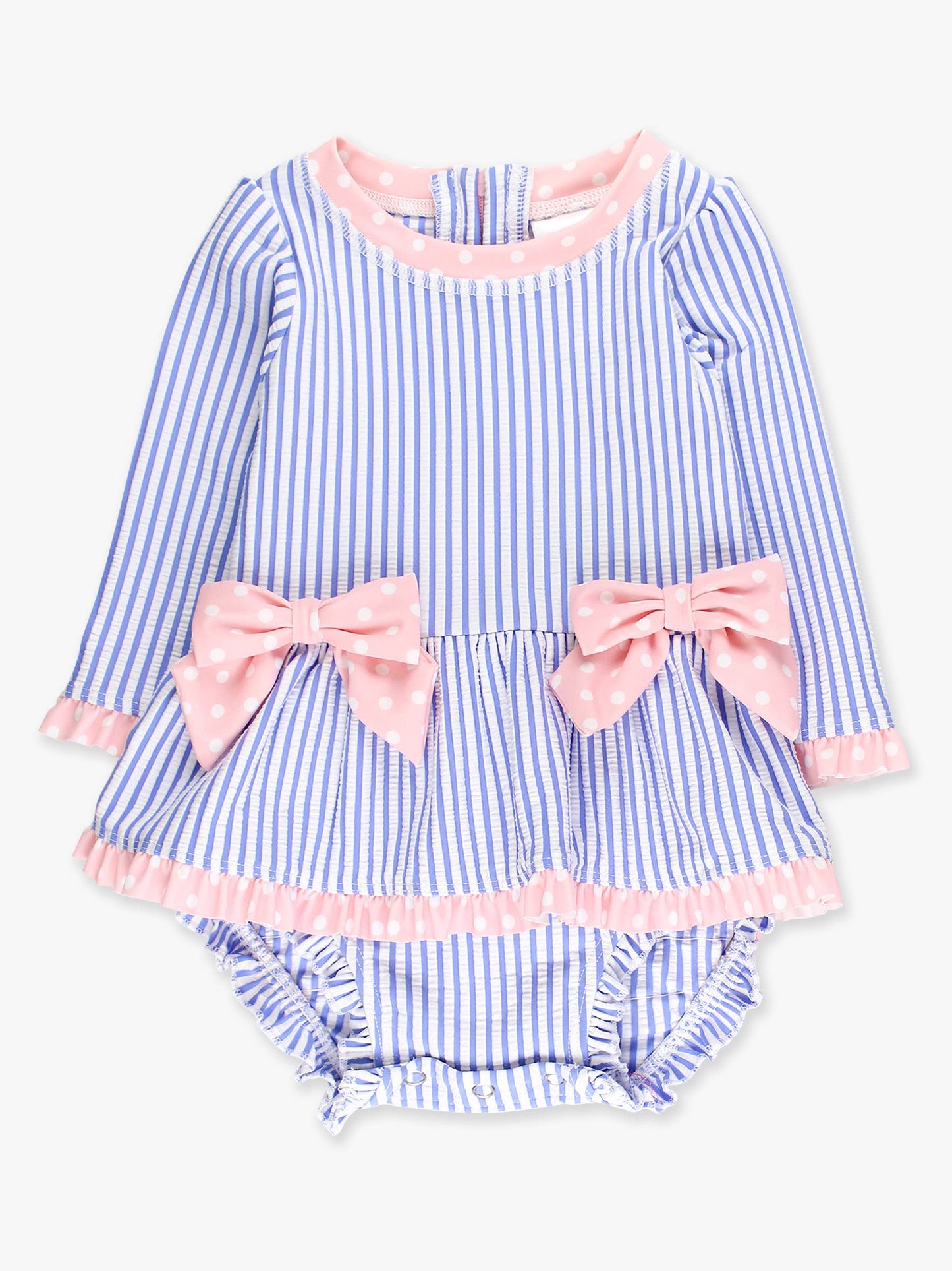 Rufflebutts Baby Girls Periwinkle Blue Seersucker Long Sleeve One Piece Bow Peplum Rash Guard Swimsuit with Signature Rear Ruffles