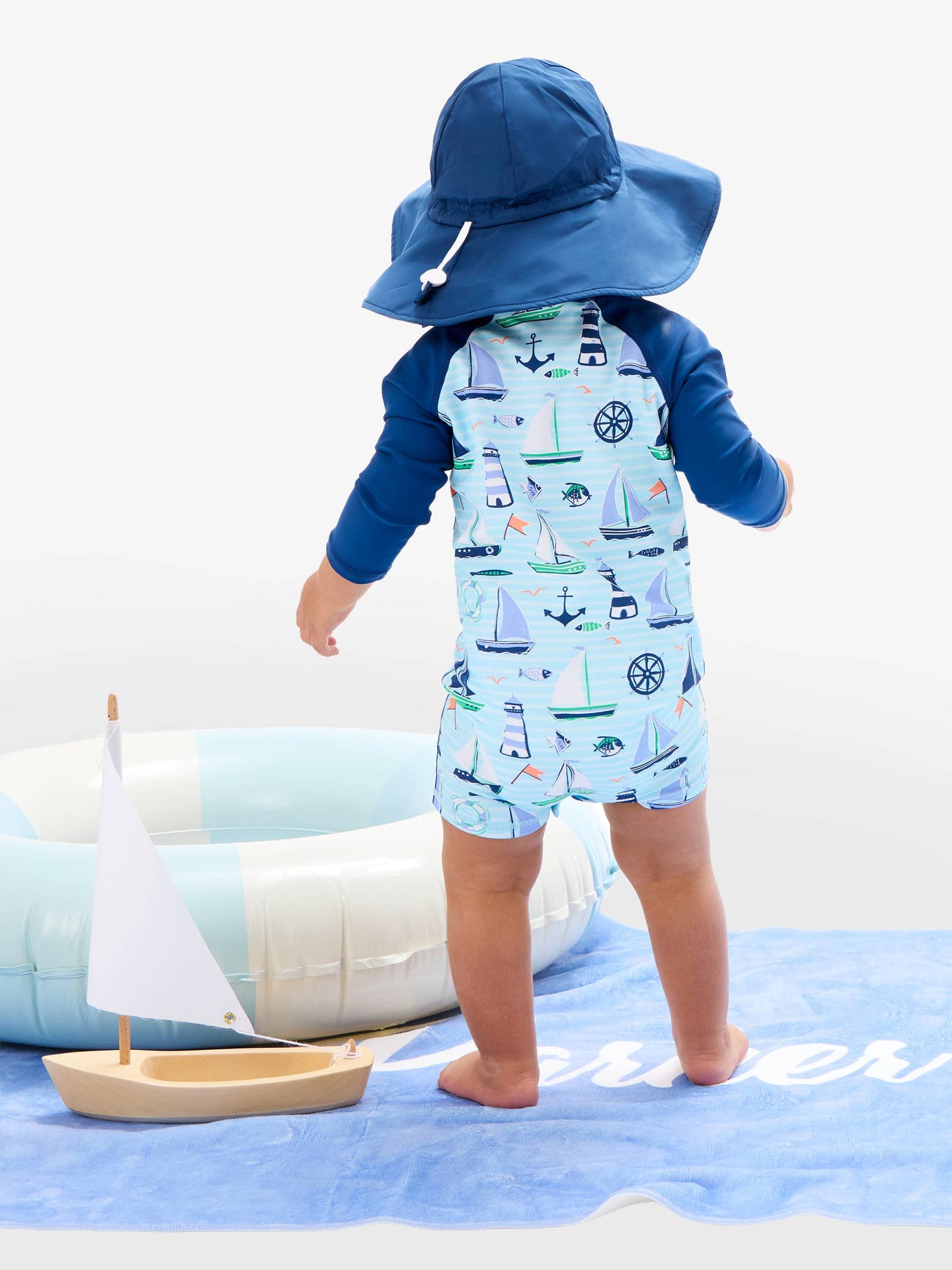 Rufflebutts RuggedButts Baby Boys Blue Sweet Sails Long Sleeve One Piece Rash Guard Swimsuit