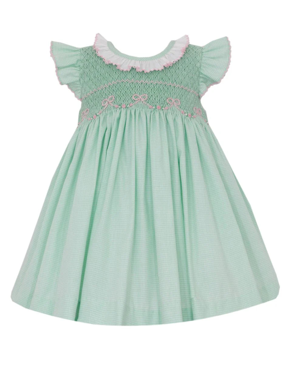 Anavini Harper Lt Green Mini Gingham Sleeveless Dress w/Pink Bows