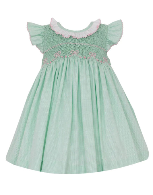 Anavini Harper Lt Green Mini Gingham Sleeveless Dress w/Pink Bows