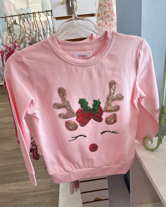 LuLu BeBe Ana Long Sleeve Light Pink Sequin Reindeer Top