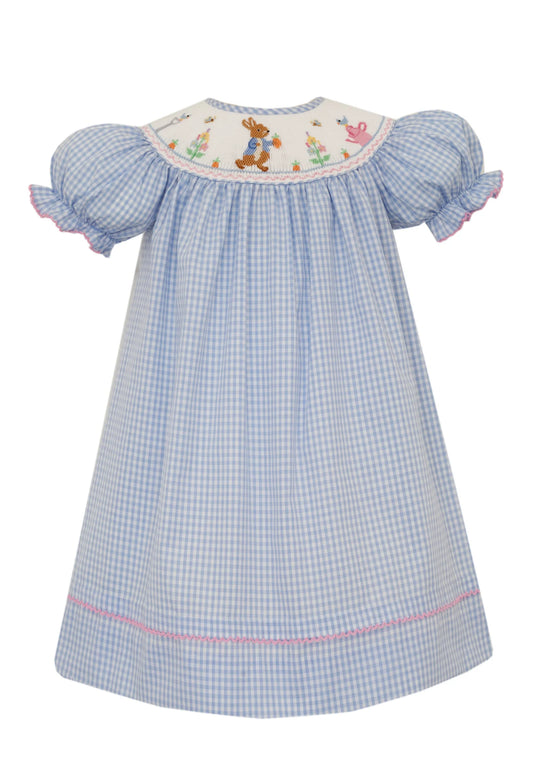 Anavini Smocked Peter Rabbit Blue Gingham Bishop with Insert