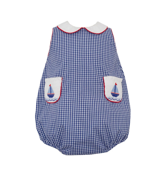 Anavini Sailboats Girl's Navy Gingham Sun Bubble with Pockets