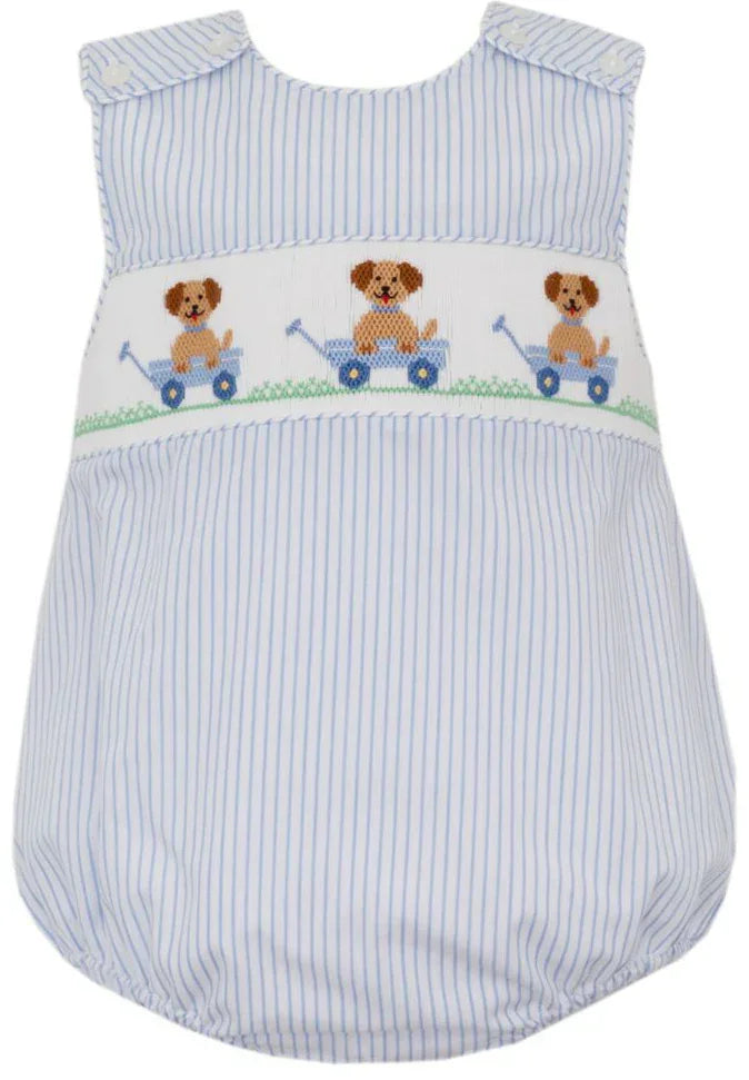 Anavini Blue Stripe Boy's Strap Bubble with Puppy Smocking