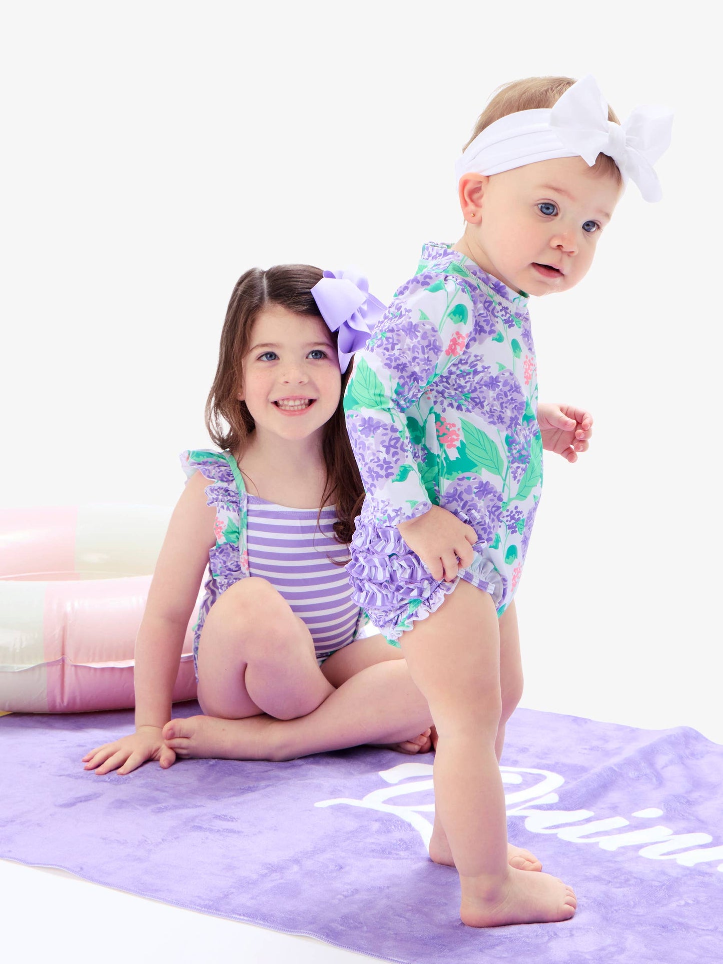 Rufflebutts Baby Girls Purple Hydrangea Garden Long Sleeve One Piece Rash Guard Swimsuit with Signature Rear Ruffles