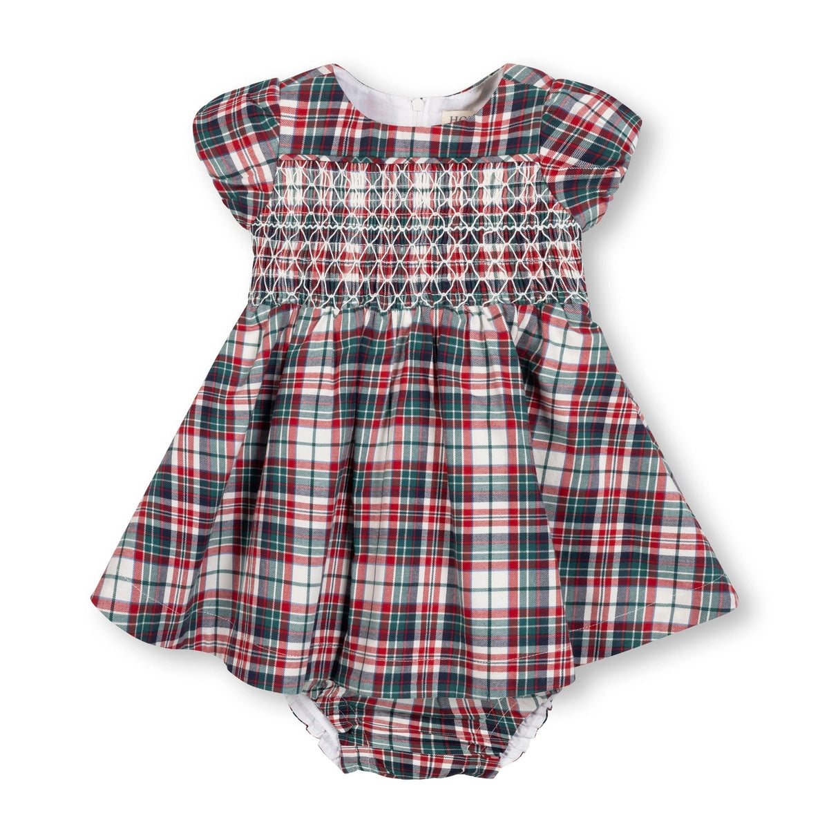 Hope and Henry Smocked Puff Sleeve Dress--Holiday Tartan