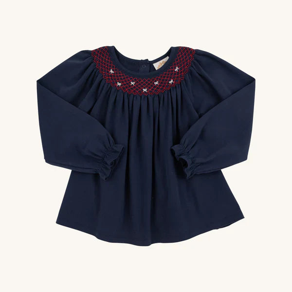 Beaufort Bonnet Bettye Sue Smocked Top Nantucket Navy with Richmond Red & Worth Avenue White Bows