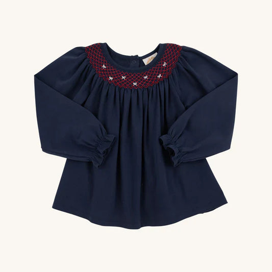 Beaufort Bonnet Bettye Sue Smocked Top Nantucket Navy with Richmond Red & Worth Avenue White Bows