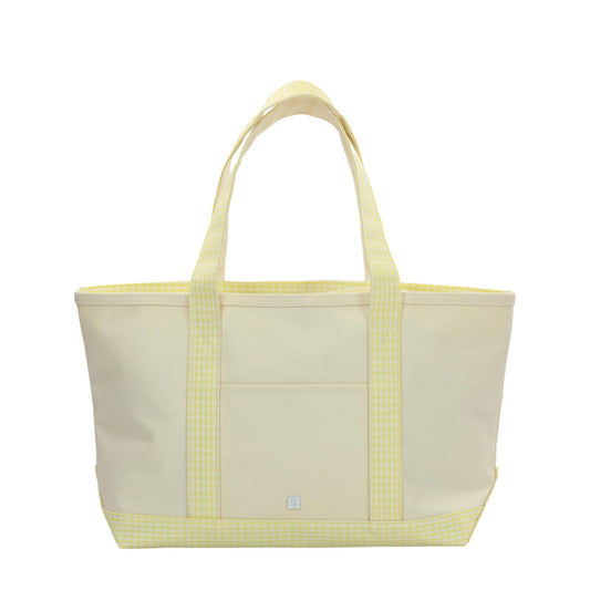 TRVL Design MEDIUM TOTE - COATED CANVAS NATURAL with GINGHAM BUTTERCUP TRIM