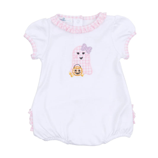 Magnolia Baby Boo Crew Applique Ruffle Short Sleeve Bubble Pink