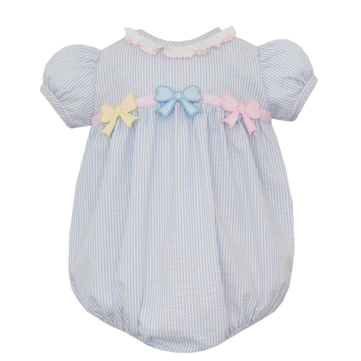 Claire and Charlie Pastel Bows Light Blue Seersucker Bubble