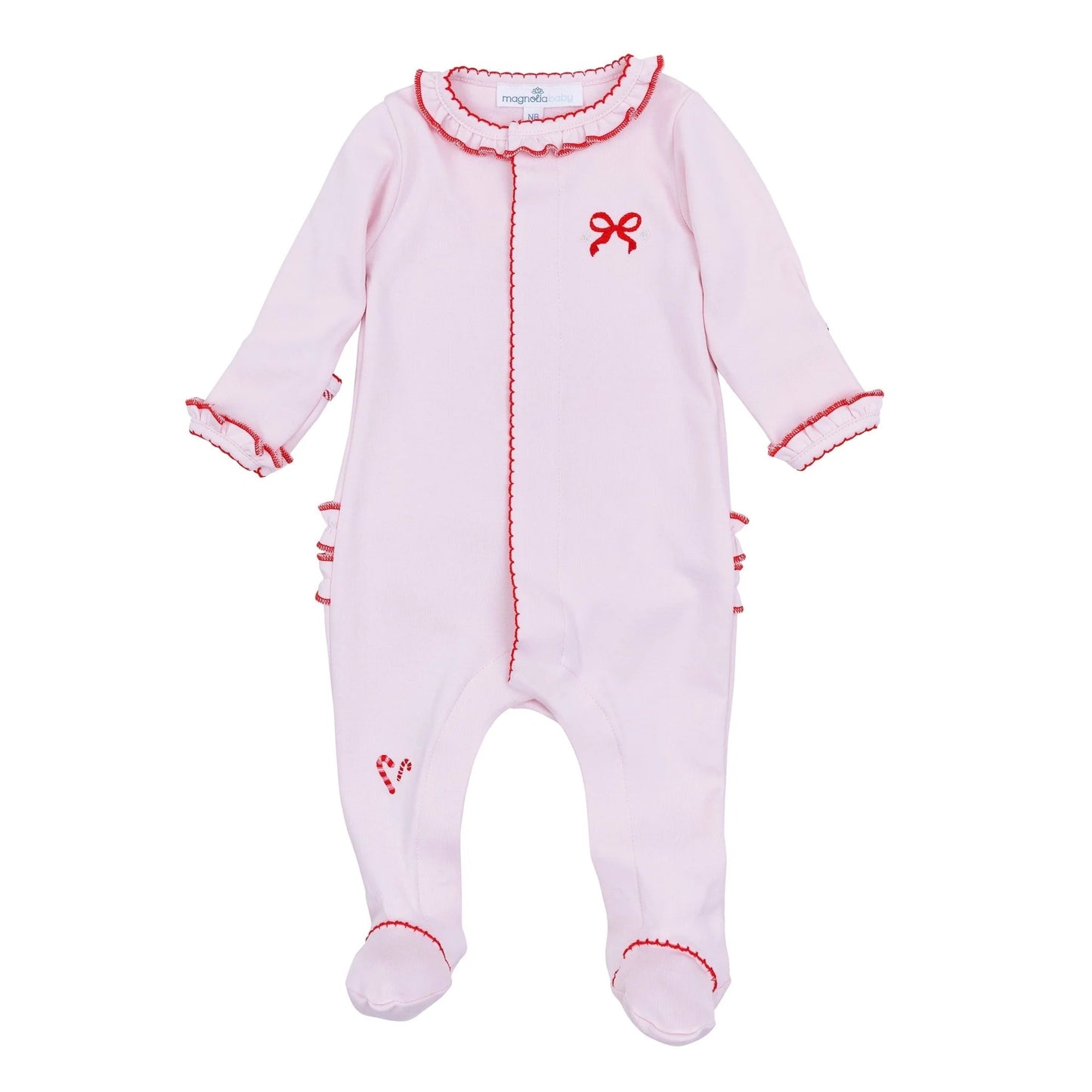 Magnolia Baby Candy Cane Lane Embroidered Ruffle Footie