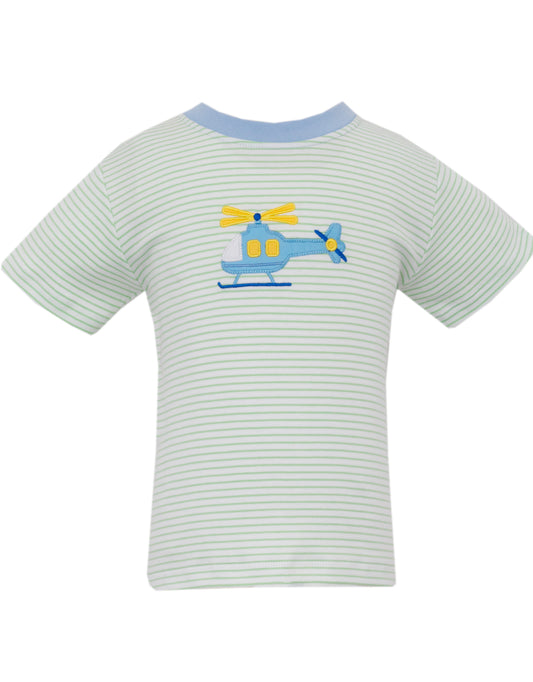 Claire and Charlie Helicopter Light Green Striped Boy's Shirt
