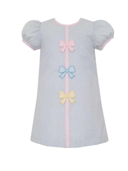 Claire and Charlie Pastel Bows Light Blue Seersucker Dress