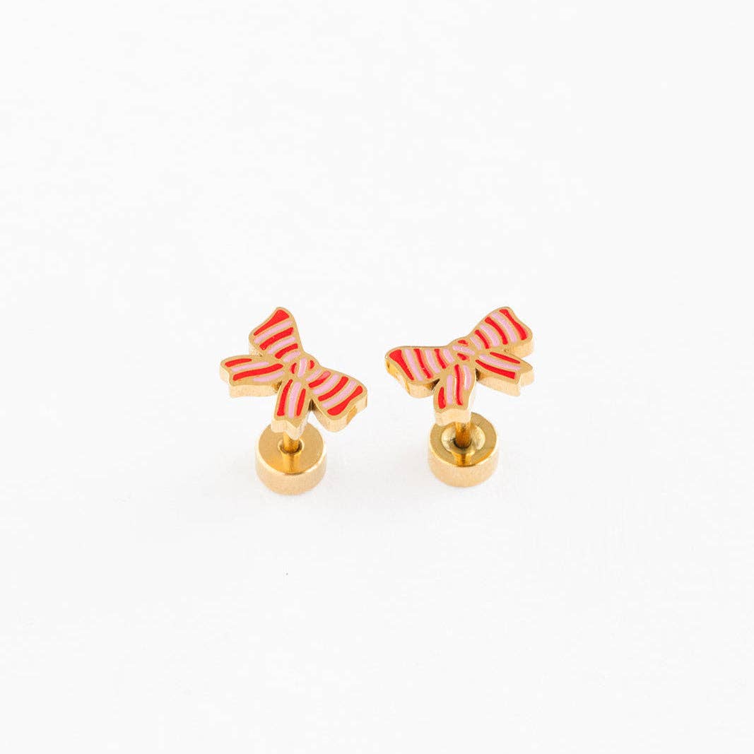 Pip Pop Post Striped Bow Stud Earrings - Hypoallergenic, Flat Back, Girl